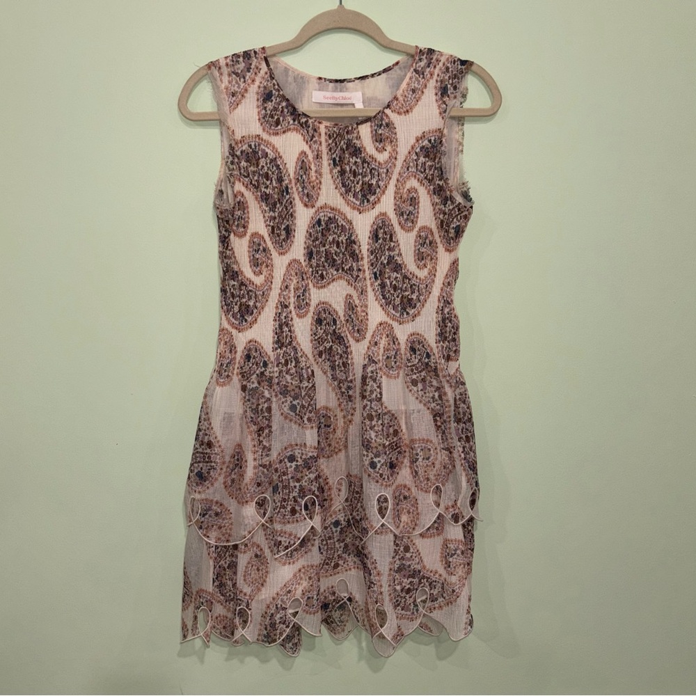 See By Chloe Sleeveless Knee Length Dress Paisley Crew Neck Women’s Sz 34 FLAWED